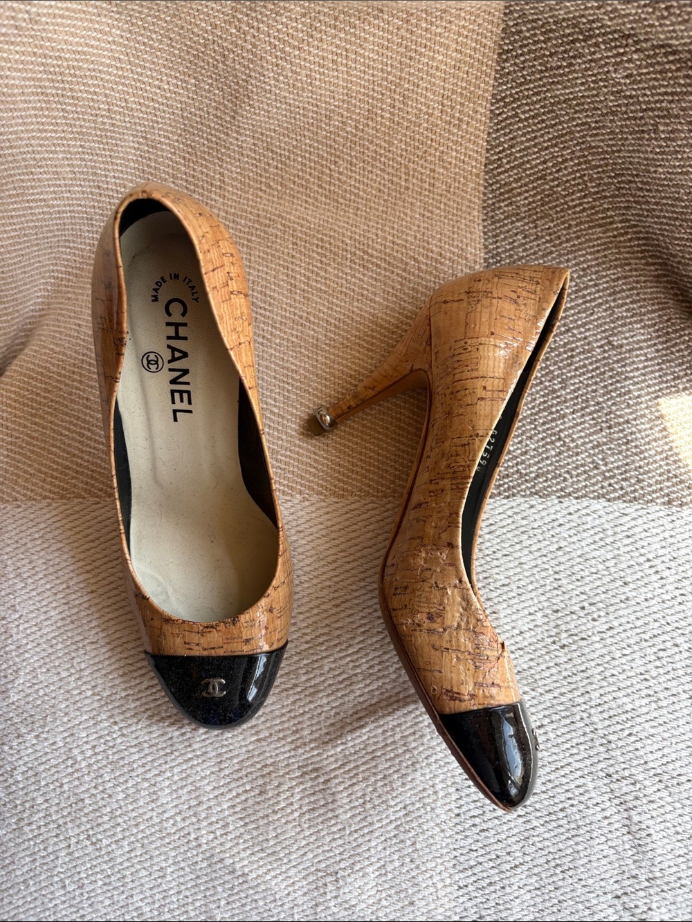 CHANEL Cork Pumps with Black Patent Cap Toe size 37
